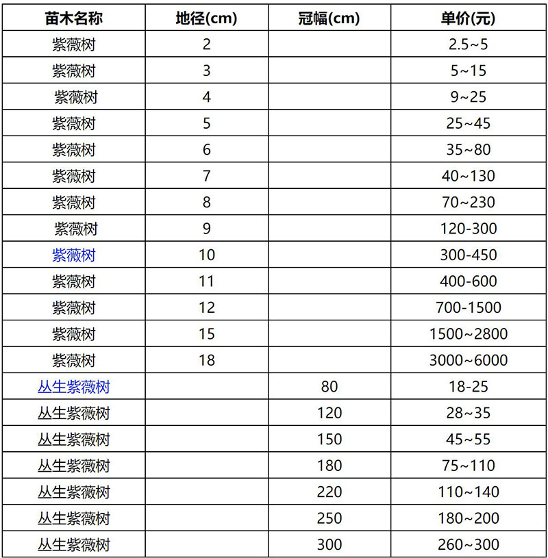 2022年紫薇樹(shù)最新價(jià)格表查詢
